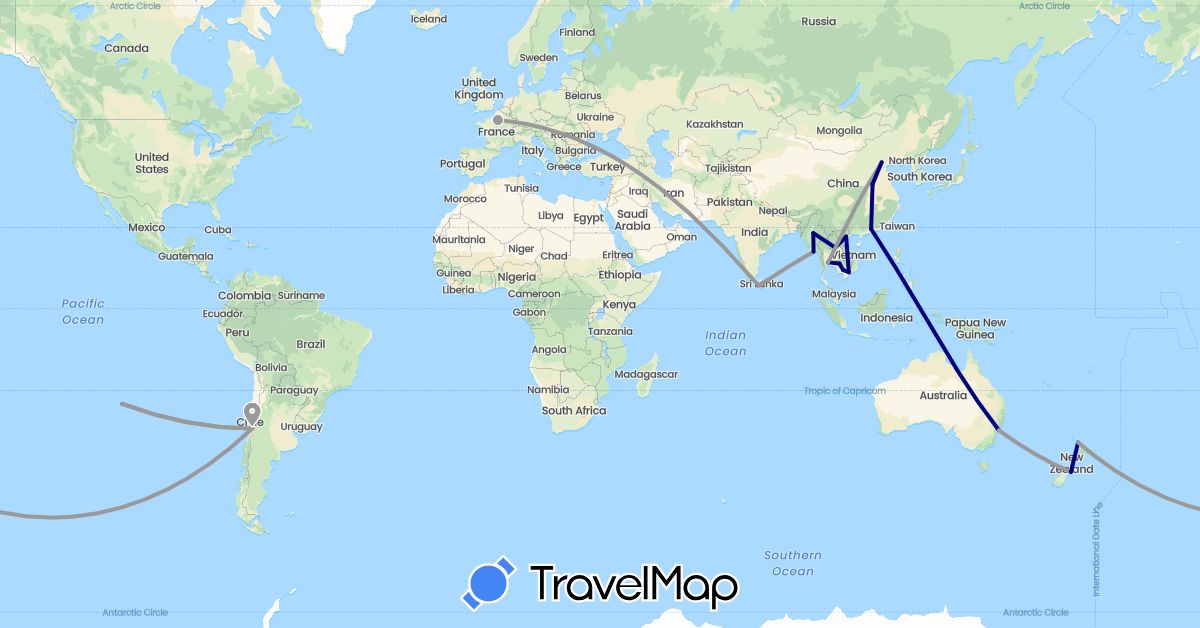 TravelMap itinerary: driving, plane in Australia, Chile, China, France, Cambodia, Laos, Sri Lanka, Myanmar (Burma), New Zealand, Thailand, Vietnam (Asia, Europe, Oceania, South America)